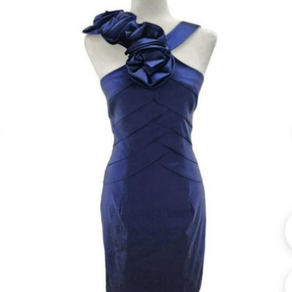 NWT Cache Navy Satin Sheath Dress Formal size 8 Ruffle One Shoulder Detailing